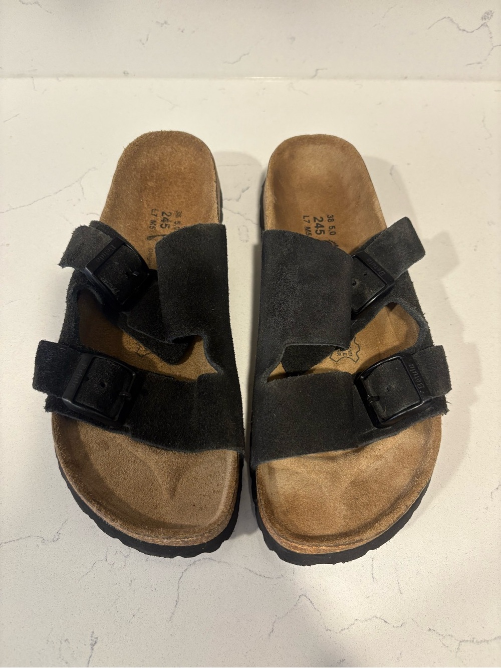 Birkenstock Black Suede Two-Strap Slide Sandals